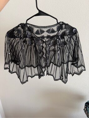 Black Sequin Sheer Capelet Shrug